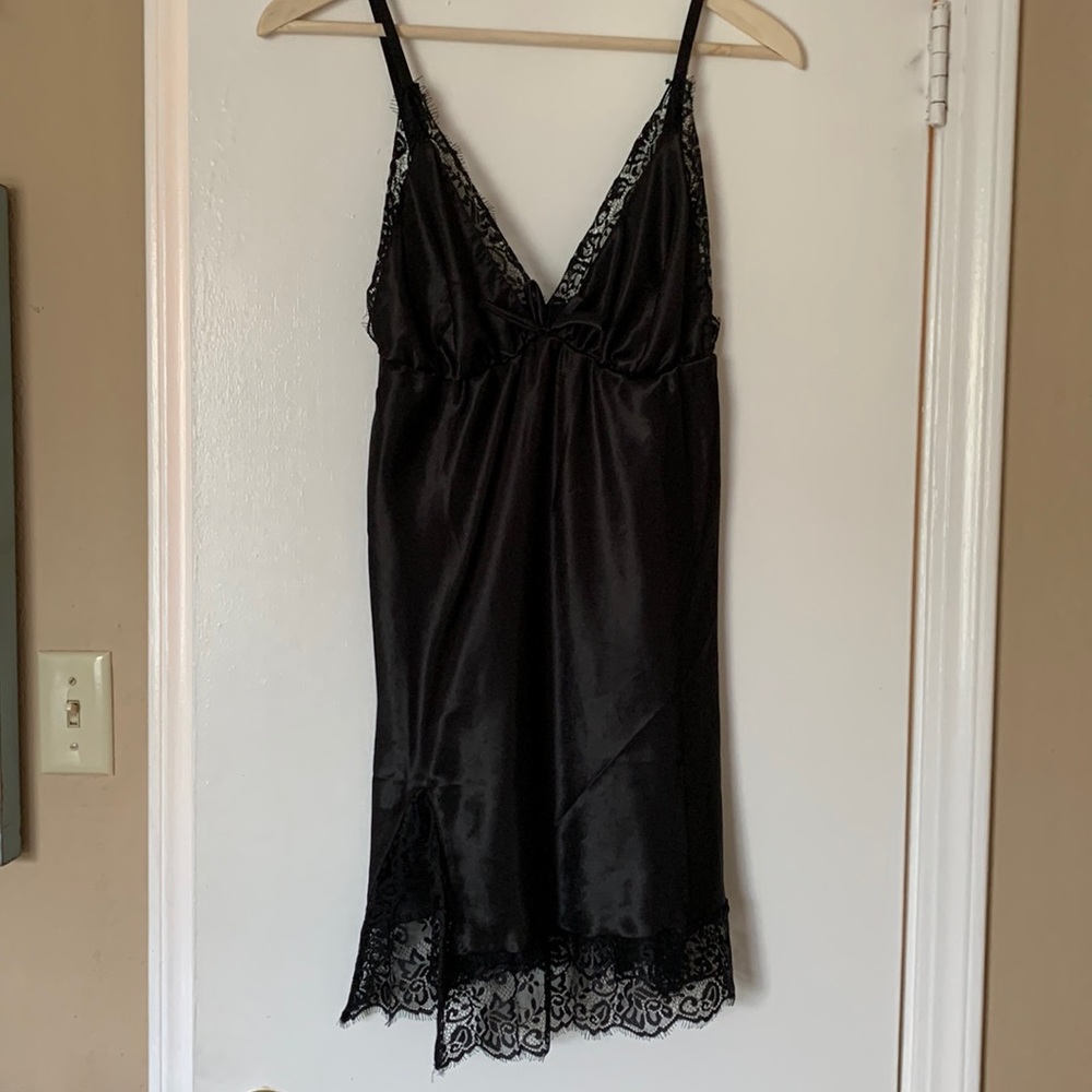 Black Satin Lace Slip Dress